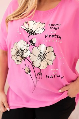 Bluzka damska Plus Size z wiskozy z kwiatowym nadrukiem i napisem różowa