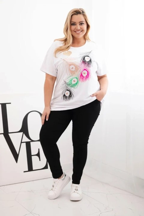 Bluzka damska bawełniana Plus Size z motywem piór biały + różowy