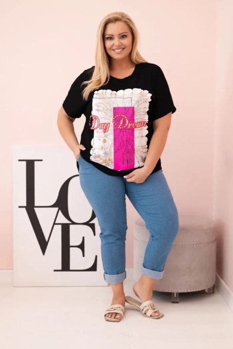Bluzka damska bawełniana Plus Size z nadrukiem Day Dream czarny + różowy