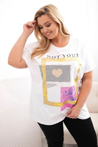 Bluzka damska bawełniana Plus Size ze złotym napisem biały + żółty