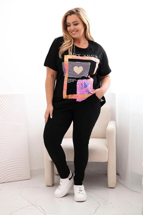 Bluzka damska bawełniana Plus Size ze złotym napisem czarny + różowy
