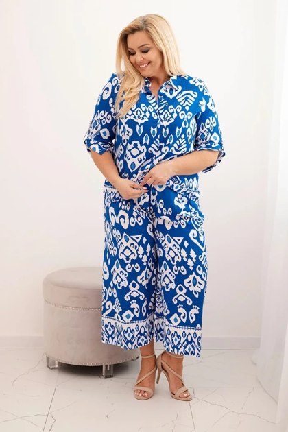 Komplet damski Plus Size wiskozowy z geometrycznym nadrukiem chabrowy