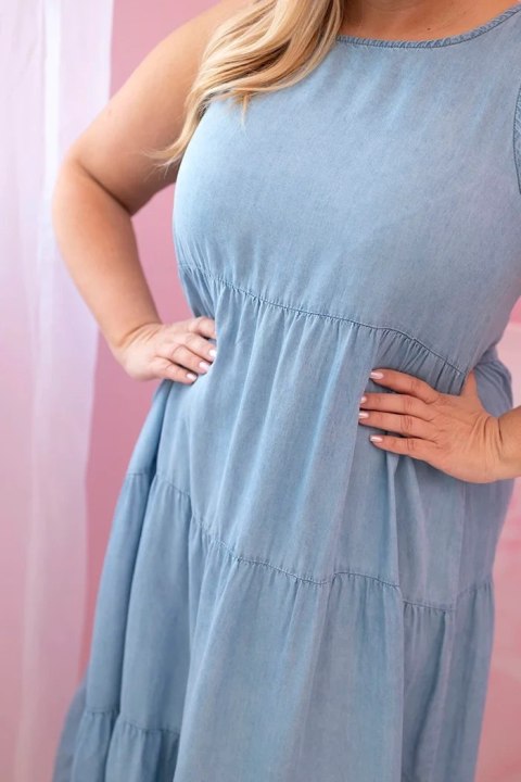 Sukienka damska Plus Size z lyocellu rozkloszowana z falbanami jasno jeansowa