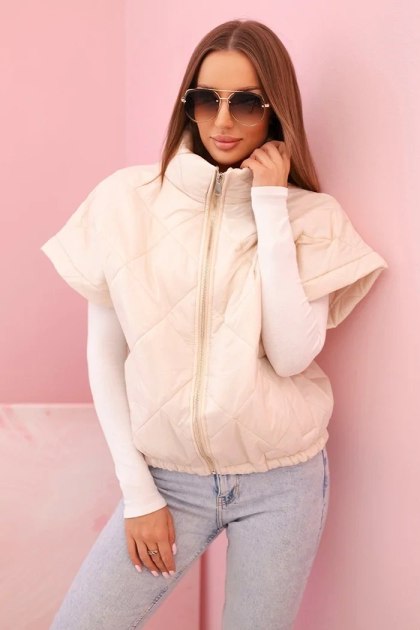 Kamizelka damska pikowana z krótkim rękawem i stójką jasno beżowa