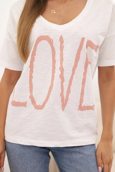 Bluzka damska bawełniana z dekoltem V i nadrukiem LOVE biała