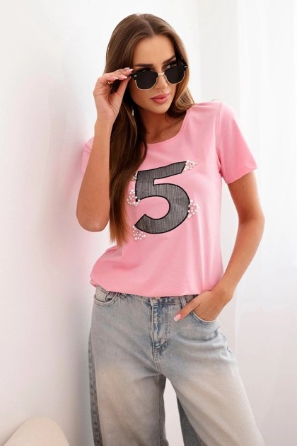 Bluzka damska bawełniana z krótkim rękawem i naszywką z perełkami jasno różowa