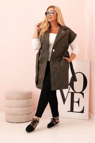 Kamizelka damska Plus Size pikowana z paskiem i kołnierzem khaki
