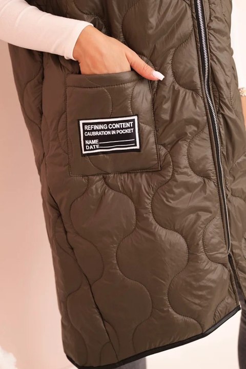 Kamizelka damska pikowana Plus Size z kapturem zapinana na zamek khaki