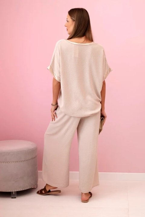 Komplet z wiskozy ze złotym obszyciem ciemny beżowy