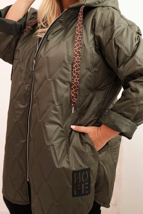 Kurtka damska Plus Size pikowana z kapturem i napisem HOPE khaki