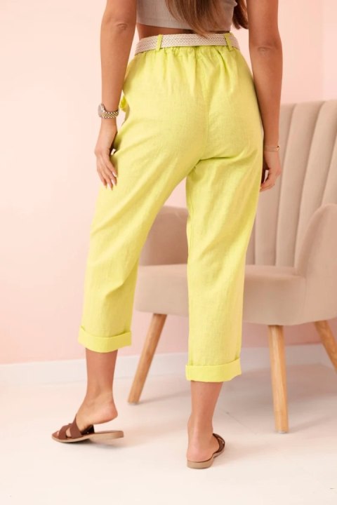 Spodnie damskie lniane z bawełną i paskiem kiwi