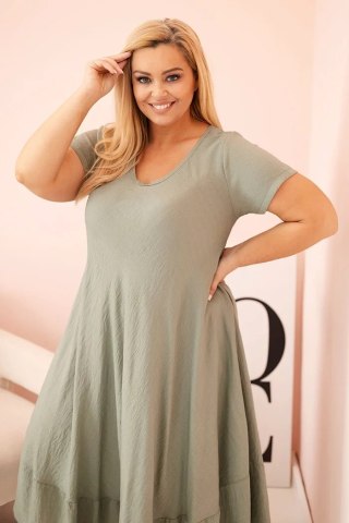 Sukienka damska plus size z krótkim rękawem i falbaną z lekkiej wiskozy khaki