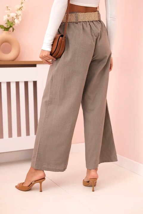 Spodnie damskie lniane z szeroką nogawką i paskiem fango