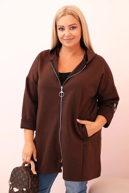 Bluza damska Plus Size z wiskozą rozpinana z kapturem czekoladowa