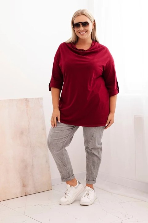 Bluzka damska Plus Size z bawełną o luźnym kroju z dekoltem wodnym bordowa