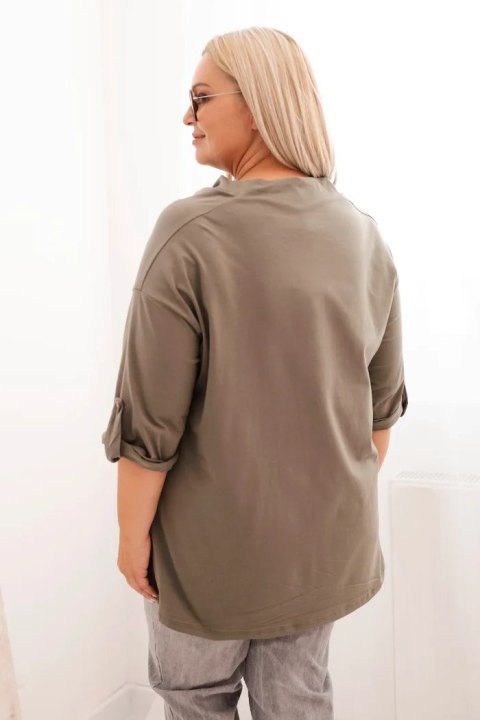 Bluzka damska Plus Size z bawełną o luźnym kroju z dekoltem wodnym khaki