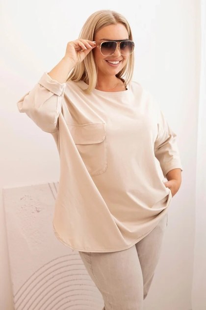 Bluzka damska Plus Size z bawełną z kieszenią i rękawem podwijanym beżowa