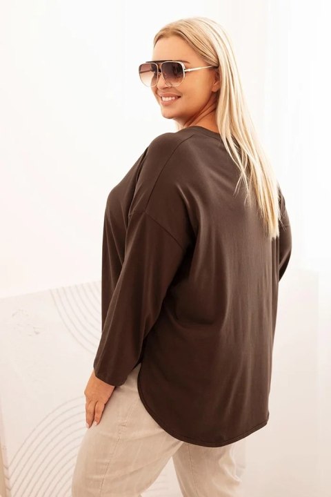 Bluzka damska Plus Size z bawełną z kieszenią i rękawem podwijanym brązowa