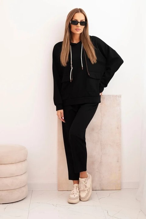 Komplet damska masełkowy bluza z kapturem i spodniami z paskiem czarny