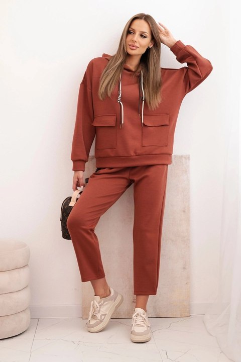 Komplet damska masełkowy bluza z kapturem i spodniami z paskiem rudy