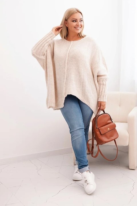 Sweter damska Plus Size z akrylem o luźnym kroju i rękawem 3/4 beżowy