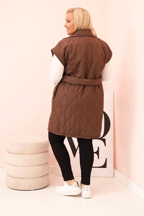 Kamizelka damska Plus Size pikowana z paskiem i kołnierzem czekoladowa