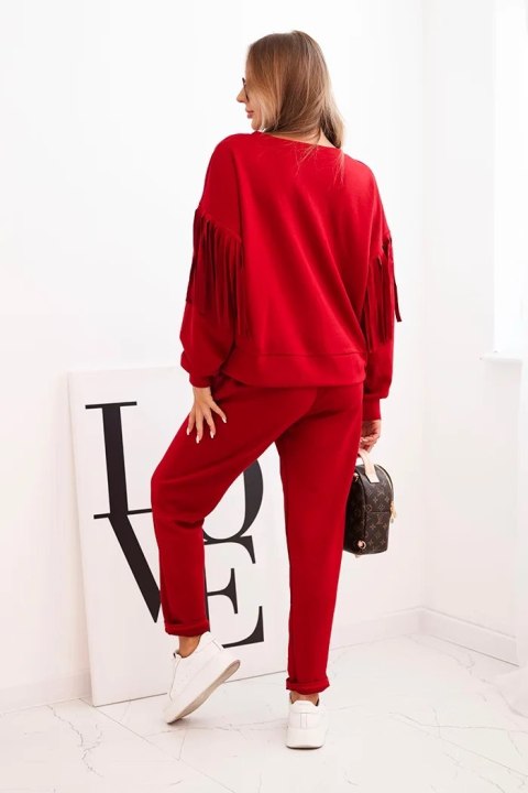 Komplet damski masełkowy z frędzlami na rękawach bordowy