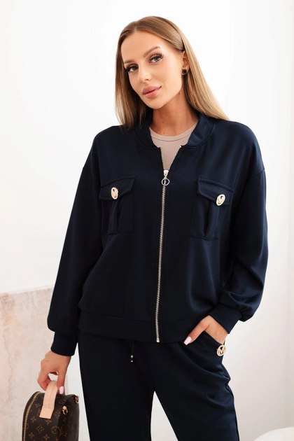 Komplet damski masełkowy z wiskozy z rozpinaną bluzą i spodniami granatowy