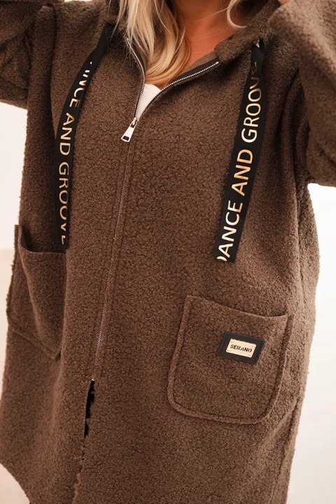 Płaszcz damski Plus Size ze sztucznego baranka z kapturem i kieszeniami camelowy