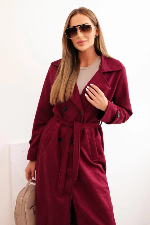 Płaszcz damski z zamszu wiązany w talii z kołnierzem i guzikami bordowy