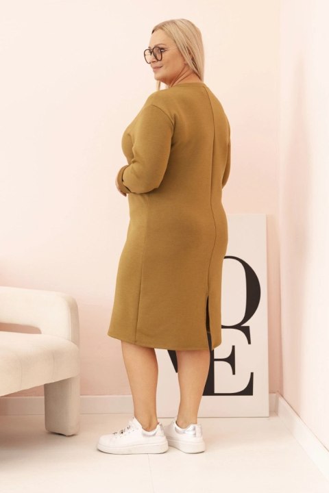 Sukienka damska Plus Size masełkowa z dekoltem V i rękawem oliwkowa