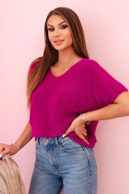 Sweter damski z miękkiego włosia z dekoltem V krótki rękaw ciemno fioletowy