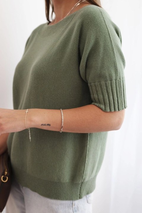 Sweter damski z wiskozy z krótkim rękawem khaki