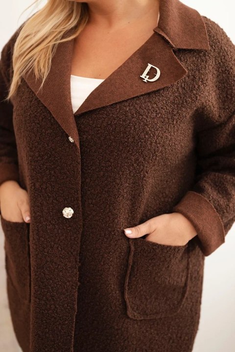 Płaszcz damski Plus Size baranek z wełną i kieszeniami czekoladowy