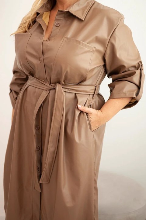 Sukienka damska z eko-skóry Plus Size z paskiem i kołnierzykiem fango