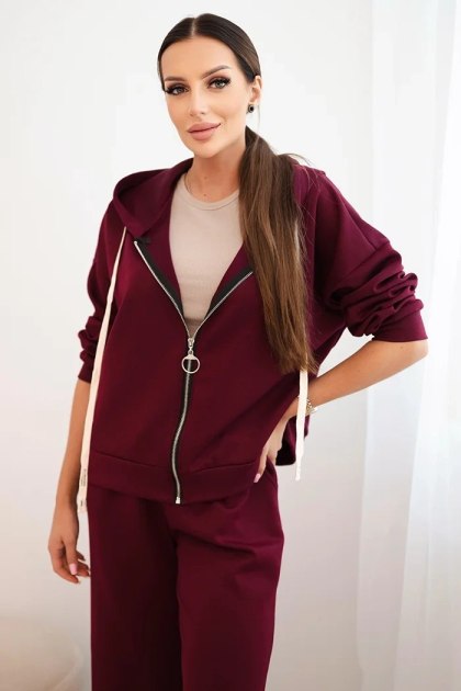 Komplet damski masełko z szeroką nogawką i bluzą na zamek śliwkowy