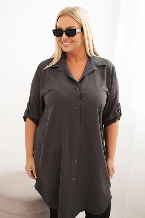 Sukienka damska koszulowa Plus Size z dłuższym tyłem i podwijanym rękawem grafitowa