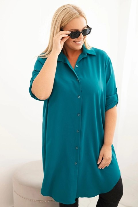 Sukienka damska koszulowa Plus Size z dłuższym tyłem i podwijanym rękawem morska