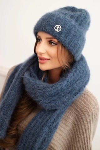 Komplet damski czapka i długi szalik z miękkiej przędzy jeansowy