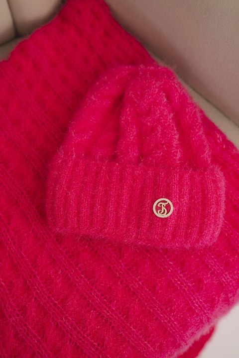 Komplet damski czapka i szalik prążkowany z ozdobą różowy neon