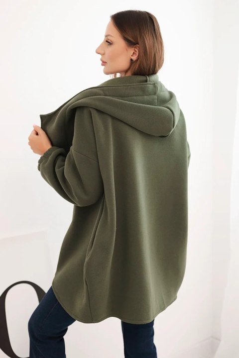 Bluza damska ocieplana z kapturem i asymetrycznym zamkiem khaki