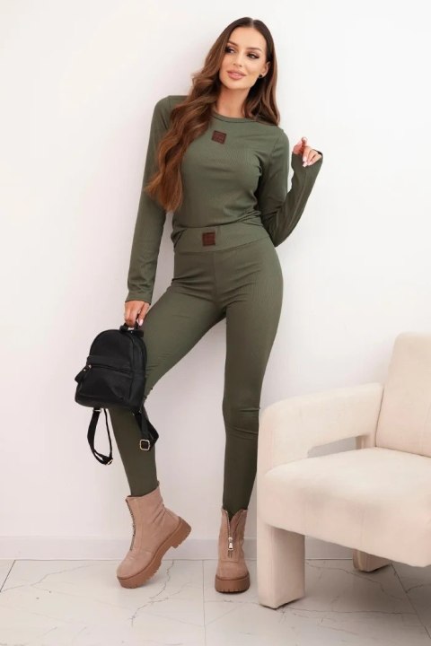 Komplet damski bawełniany z długim rękawem i legginsami khaki
