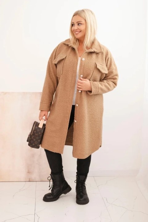 Elegancki camelowy płaszcz damski Plus Size z dodatkiem wełny