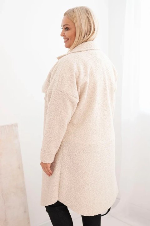 Płaszcz damski Plus Size z wełną zapinany na guziki z kieszeniami i kołnierzem jasny beżowy