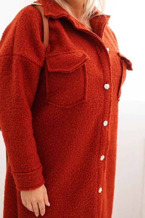 Płaszcz damski Plus Size z wełną zapinany na guziki z kieszeniami i kołnierzem rudy