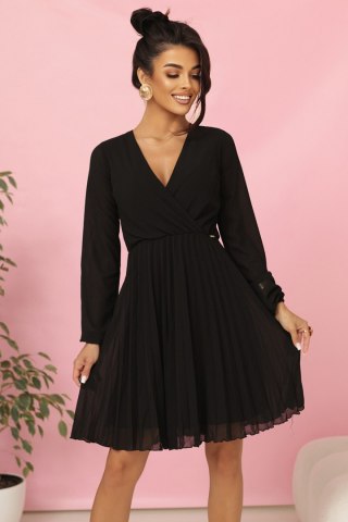 313-17 ISABELLE Polska plisowana sukienka z długim rękawem i dekoltem - CZARNA