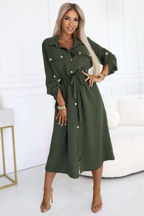 Elegancka szmizjerka midi w kolorze khaki ze złotymi guzikami