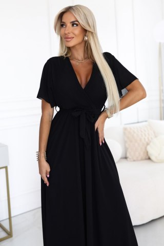 545-5 Długa sukienka z plisowanym dekoltem i wiązaniem - CZARNA