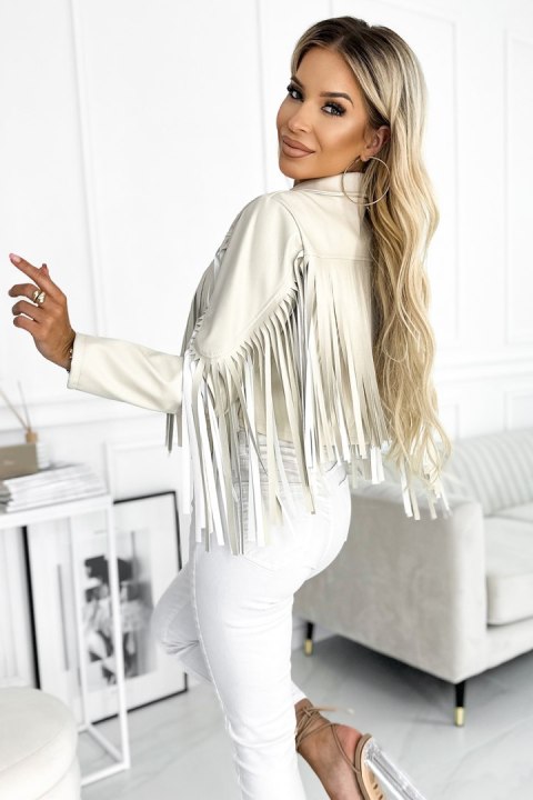 624-1 Krótka kurtka z frędzlami z miękkiej eco skóry - BEŻOWA
