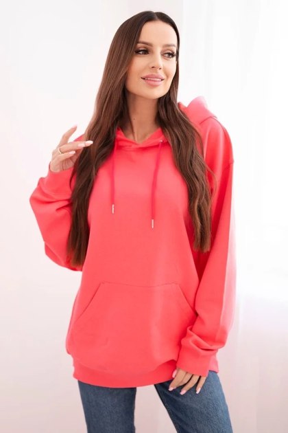 Bluza damska pętelkowa bawełniana z kapturem i kieszenią kangurką różowa